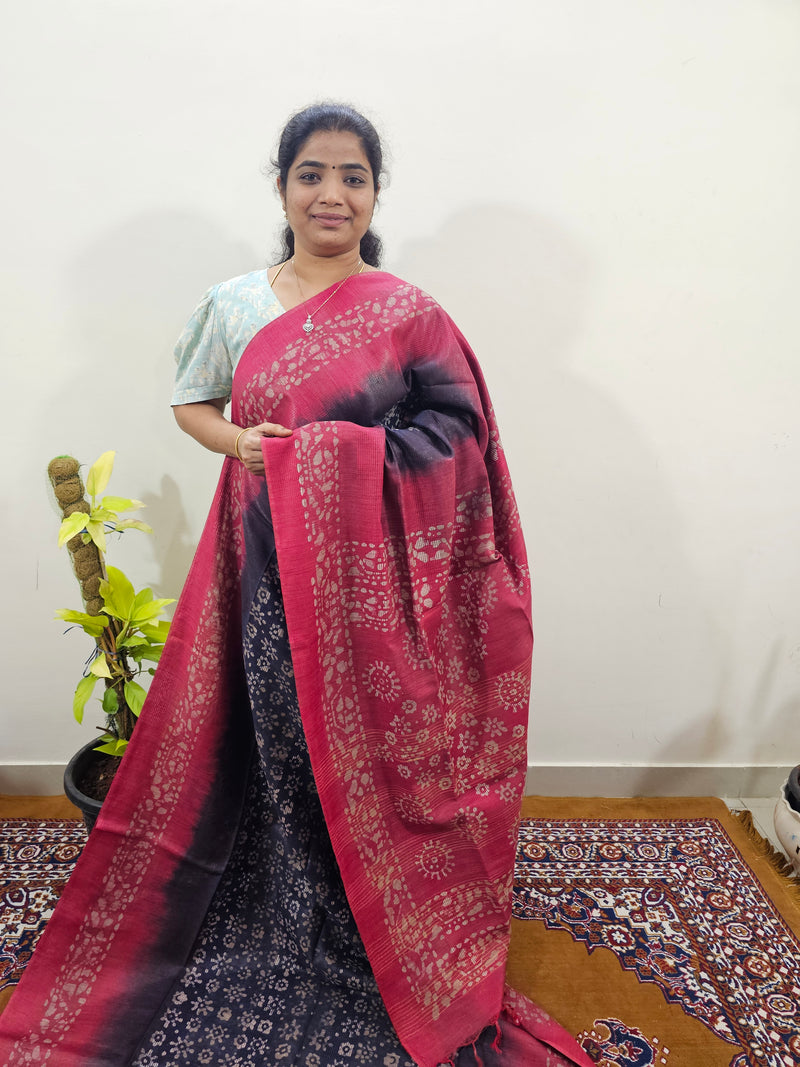 Bhagalpuri with Batik Print - Blue with Pink