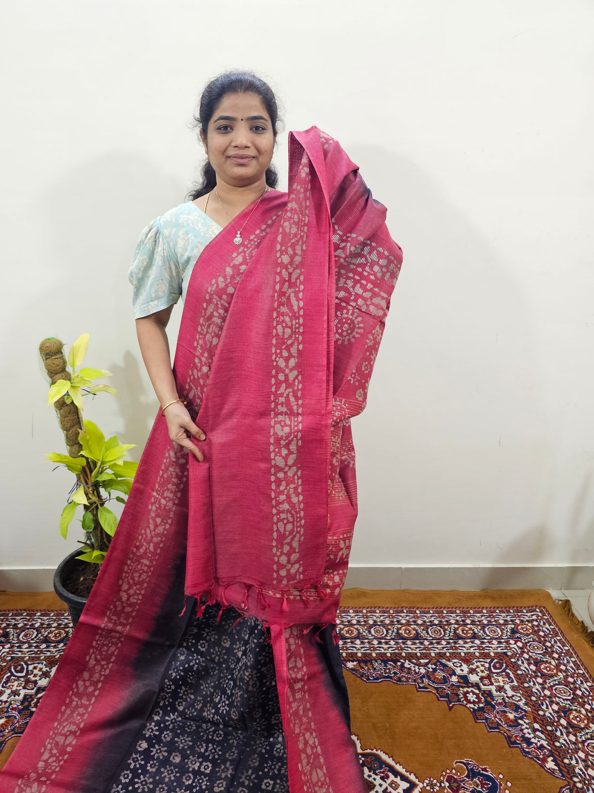 Bhagalpuri with Batik Print - Blue with Pink