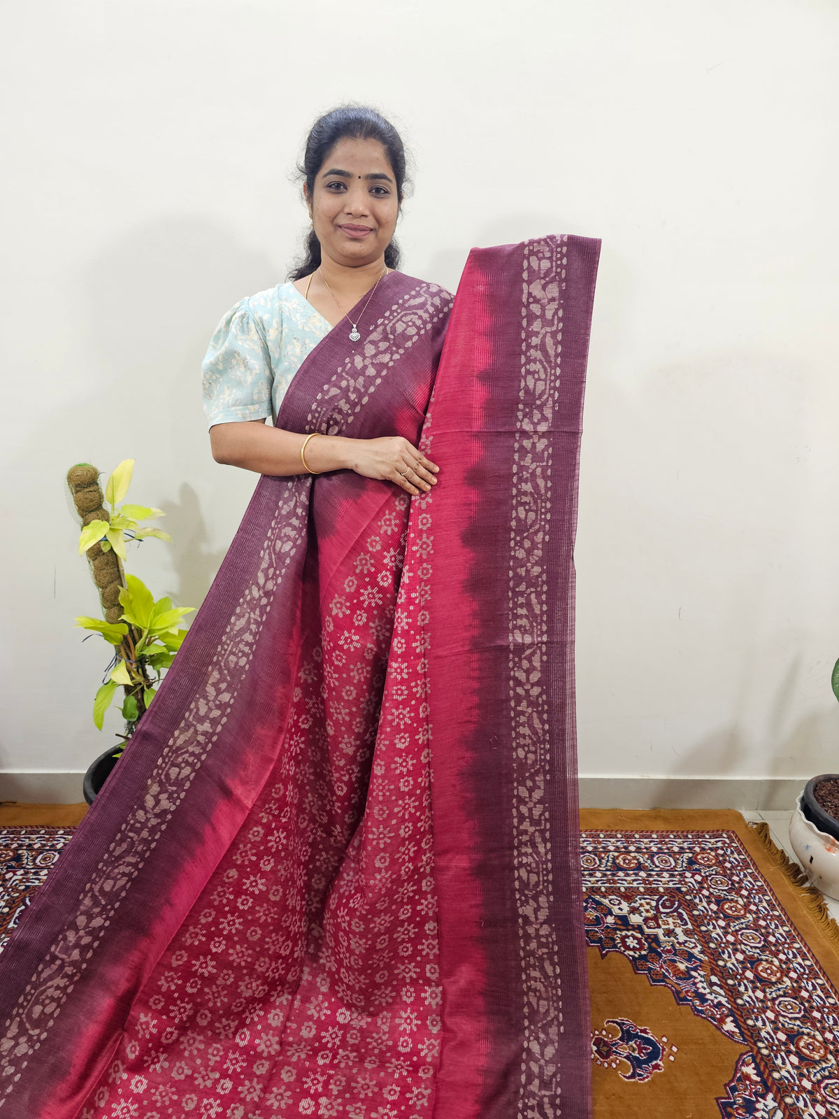 Bhagalpuri with Batik Print - Pink with Maroon