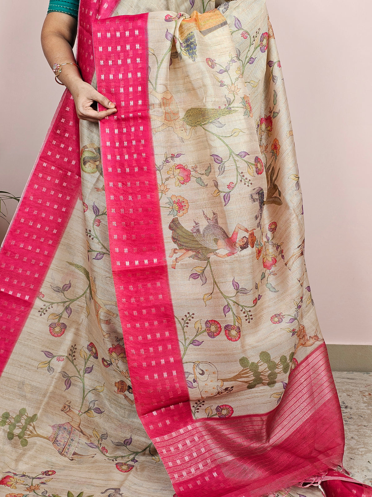 Unique Semi Tussar with Zari Weaving - Pink