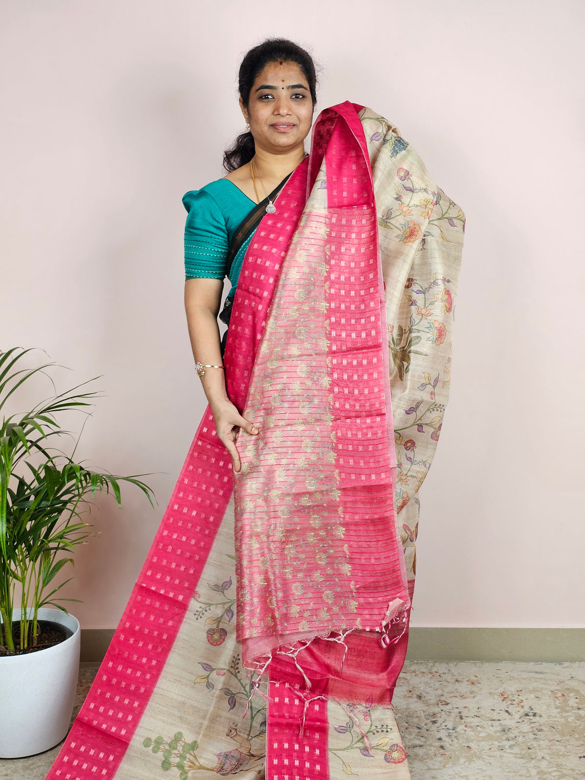 Unique Semi Tussar with Zari Weaving - Pink
