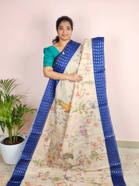 Unique Semi Tussar with Zari Weaving - Dark Blue