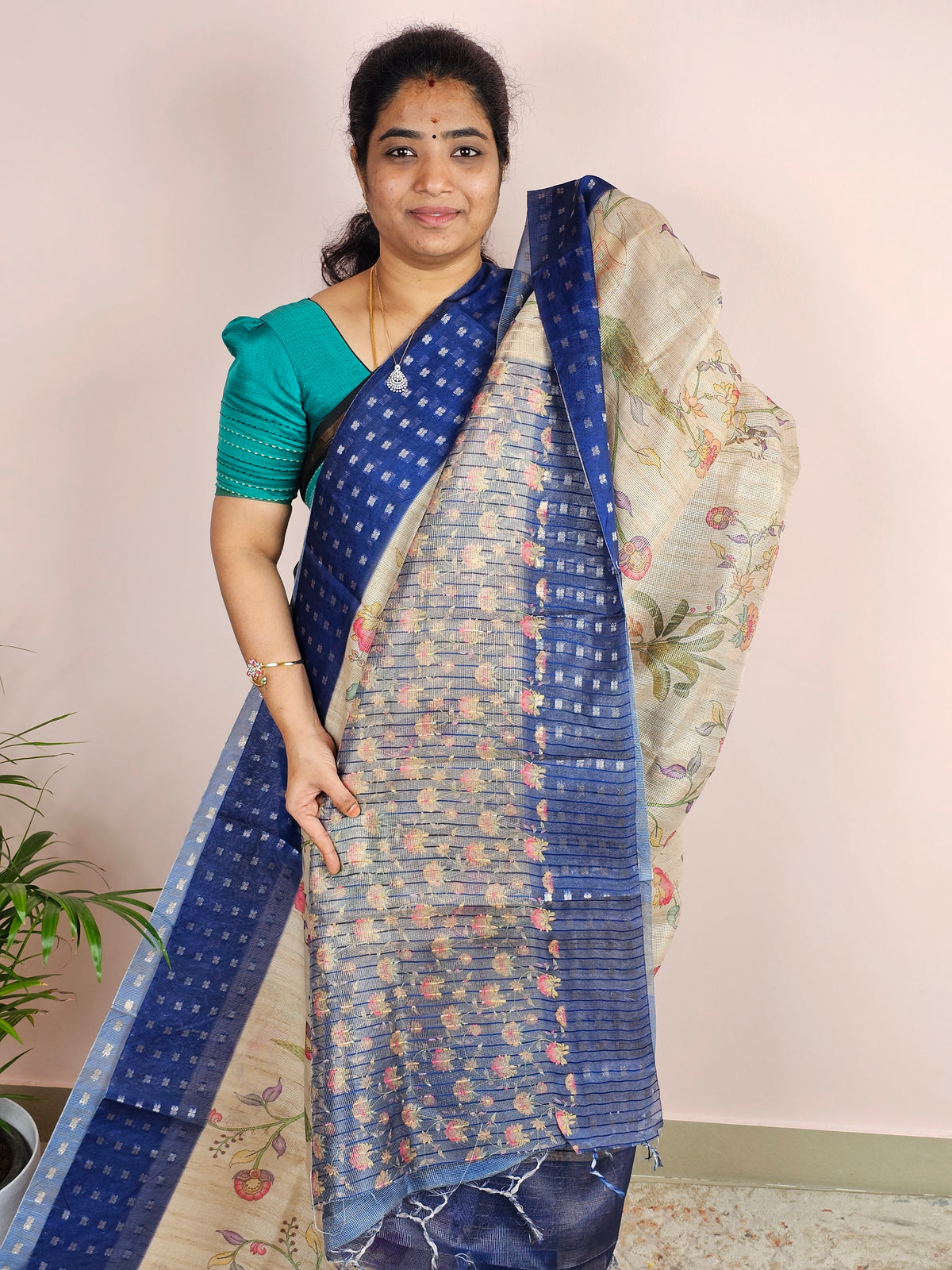 Unique Semi Tussar with Zari Weaving - Dark Blue