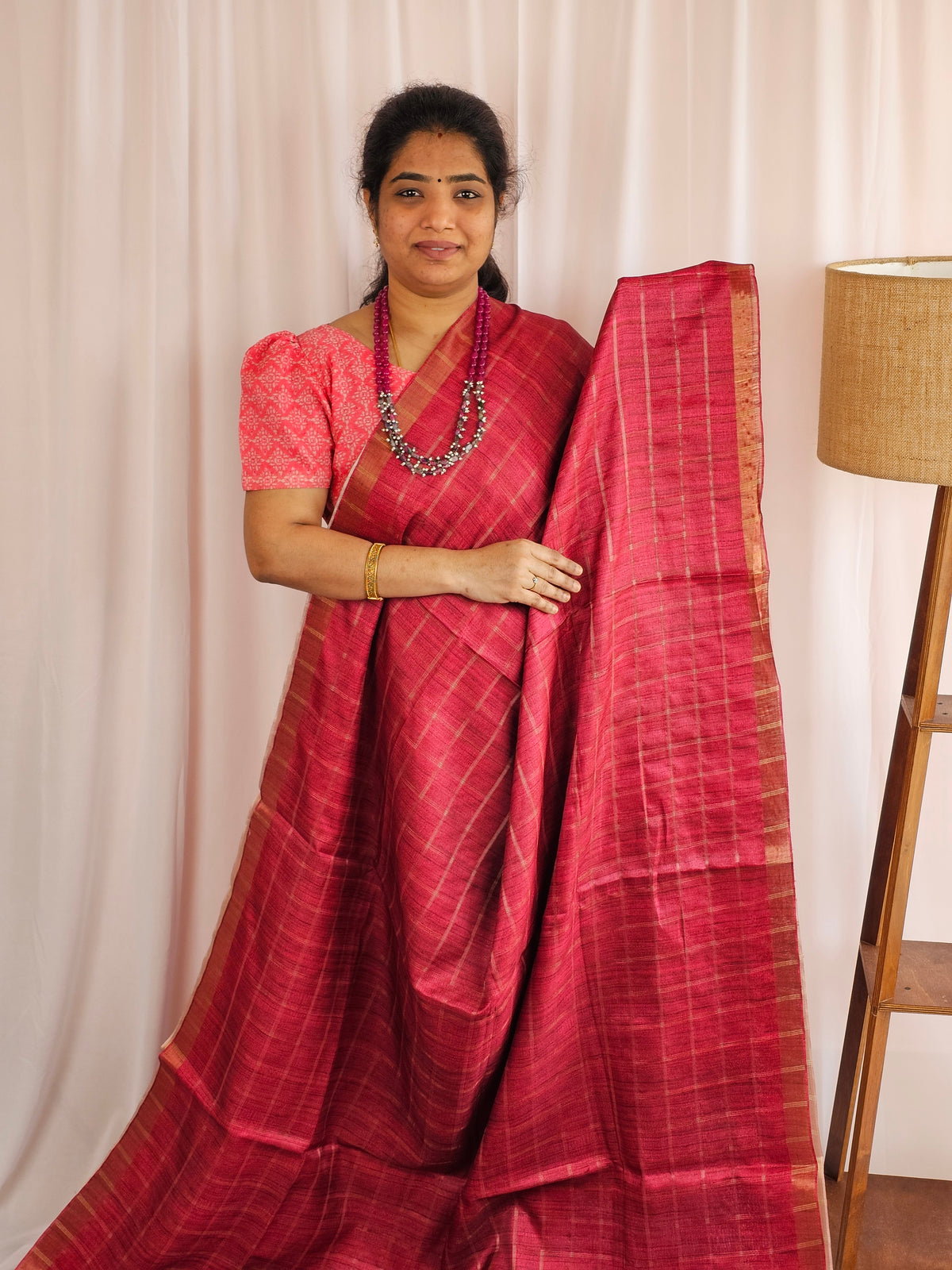 Soft Semi Tussar Checks Weaving with Kalamkari - Dark Pink