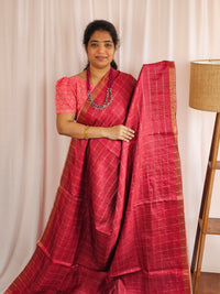 Soft Semi Tussar Checks Weaving with Kalamkari - Dark Pink