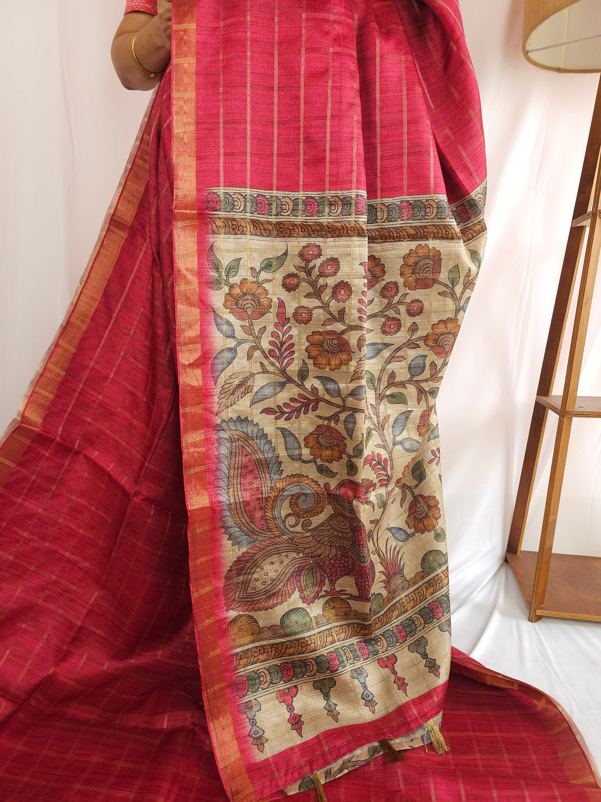 Soft Semi Tussar Checks Weaving with Kalamkari - Dark Pink