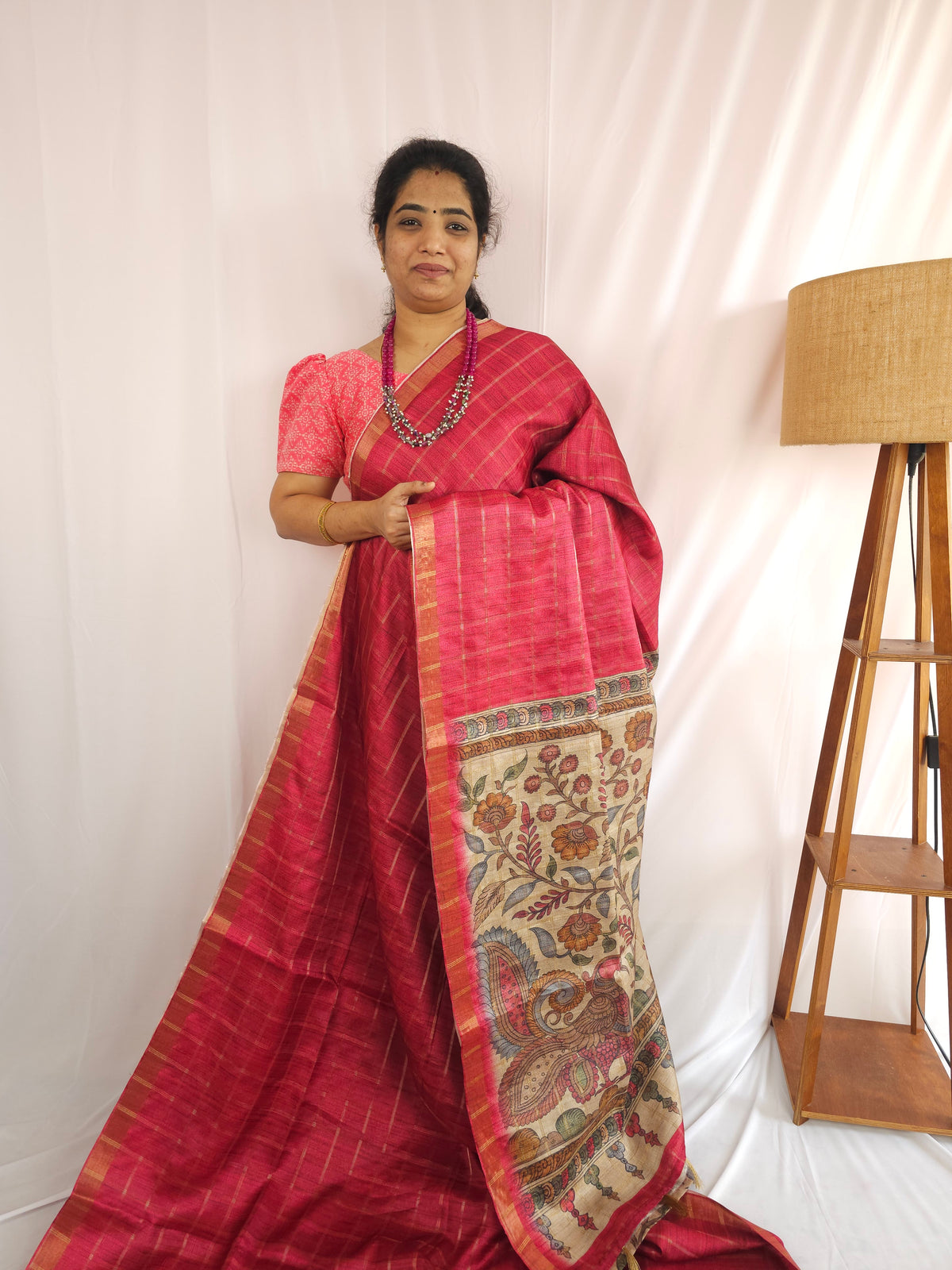 Soft Semi Tussar Checks Weaving with Kalamkari - Dark Pink