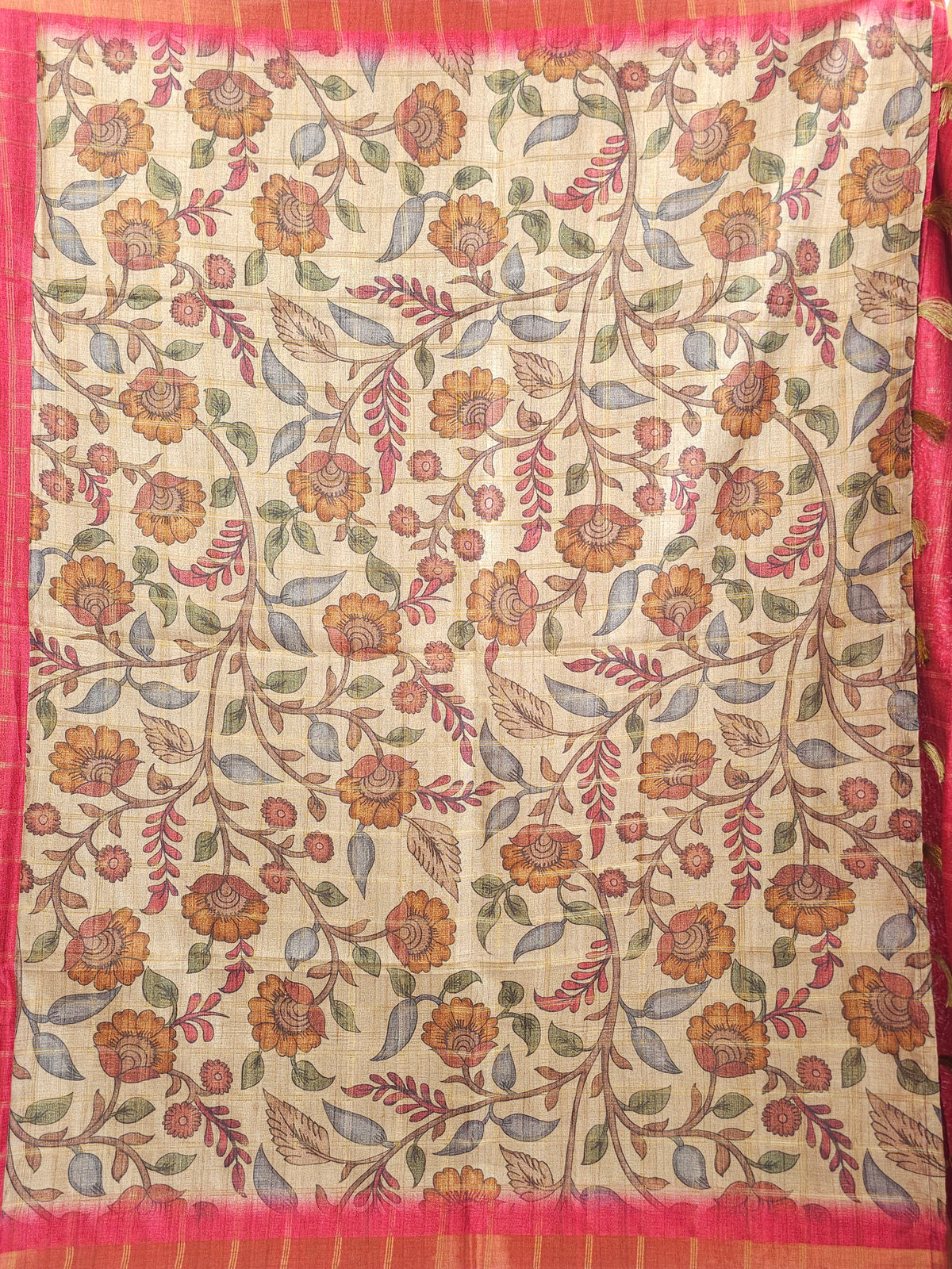 Soft Semi Tussar Checks Weaving with Kalamkari - Dark Pink