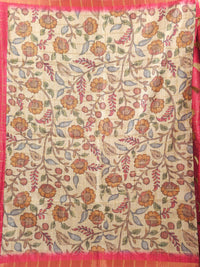 Soft Semi Tussar Checks Weaving with Kalamkari - Dark Pink