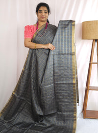 Soft Semi Tussar Checks Weaving with Kalamkari - Dark Grey