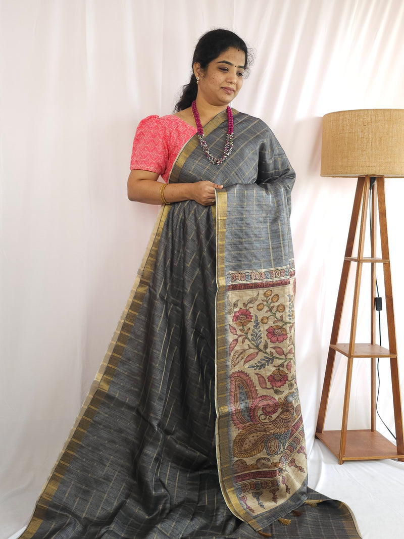 Soft Semi Tussar Checks Weaving with Kalamkari - Dark Grey