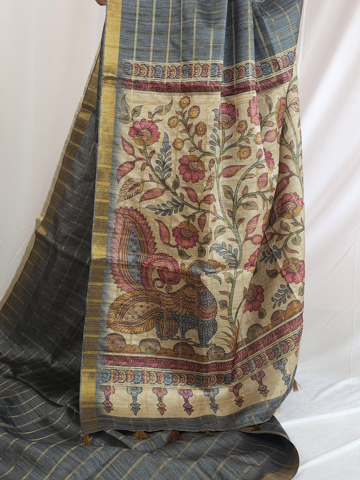Soft Semi Tussar Checks Weaving with Kalamkari - Dark Grey