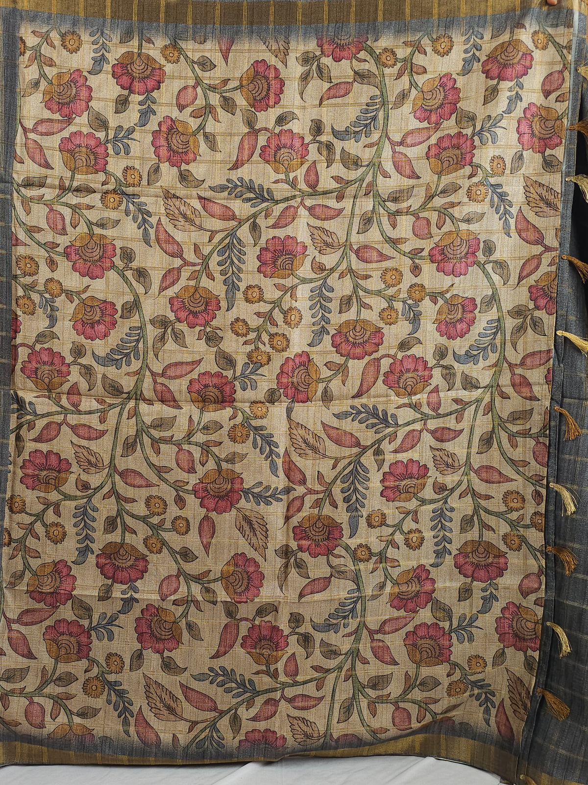 Soft Semi Tussar Checks Weaving with Kalamkari - Dark Grey
