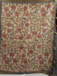 Soft Semi Tussar Checks Weaving with Kalamkari - Dark Grey