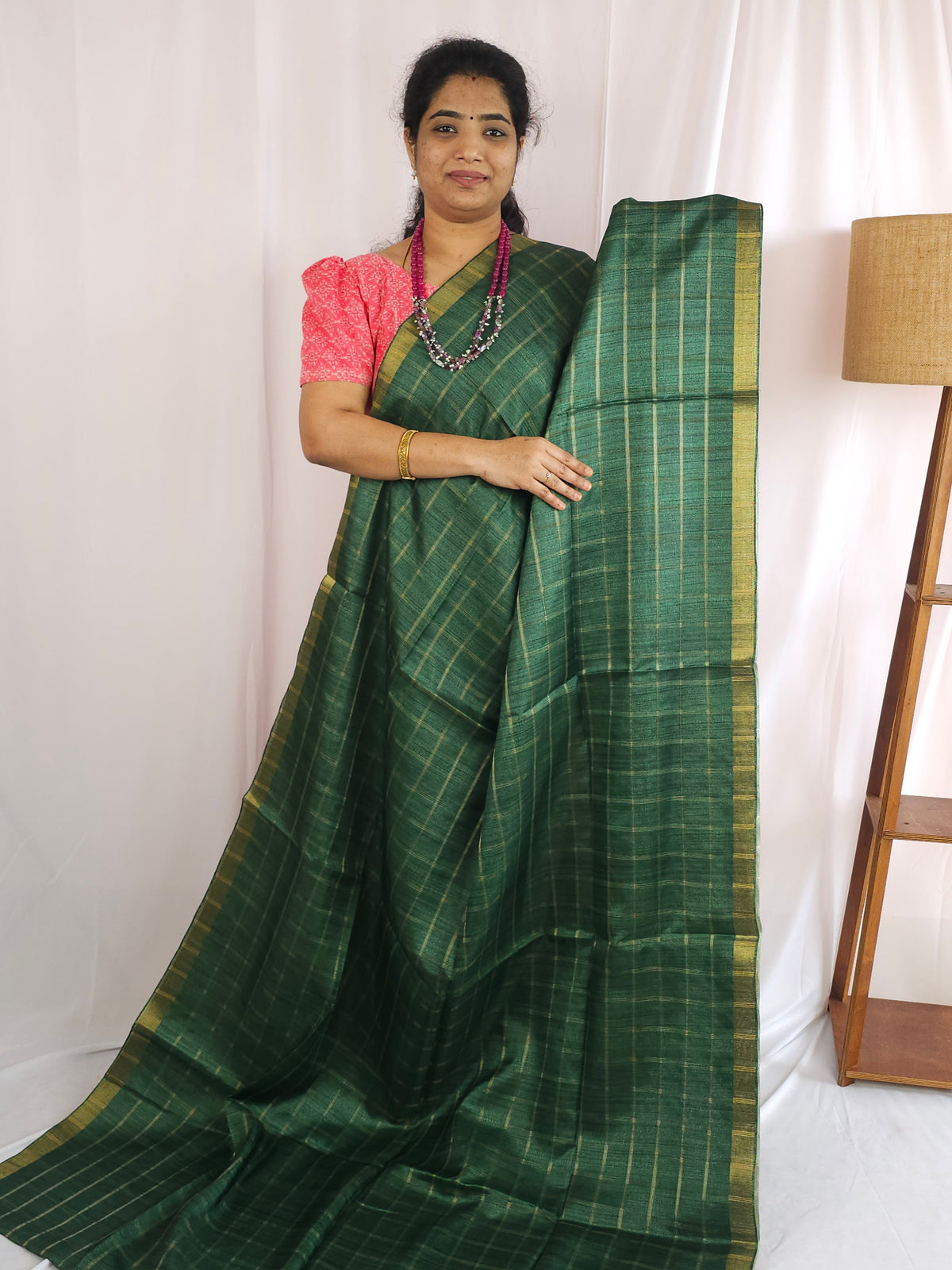 Soft Semi Tussar Checks Weaving with Kalamkari - Dark Green