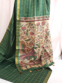 Soft Semi Tussar Checks Weaving with Kalamkari - Dark Green