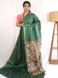 Soft Semi Tussar Checks Weaving with Kalamkari - Dark Green