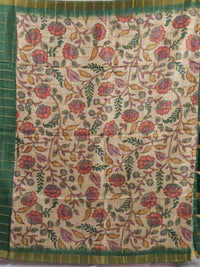 Soft Semi Tussar Checks Weaving with Kalamkari - Dark Green