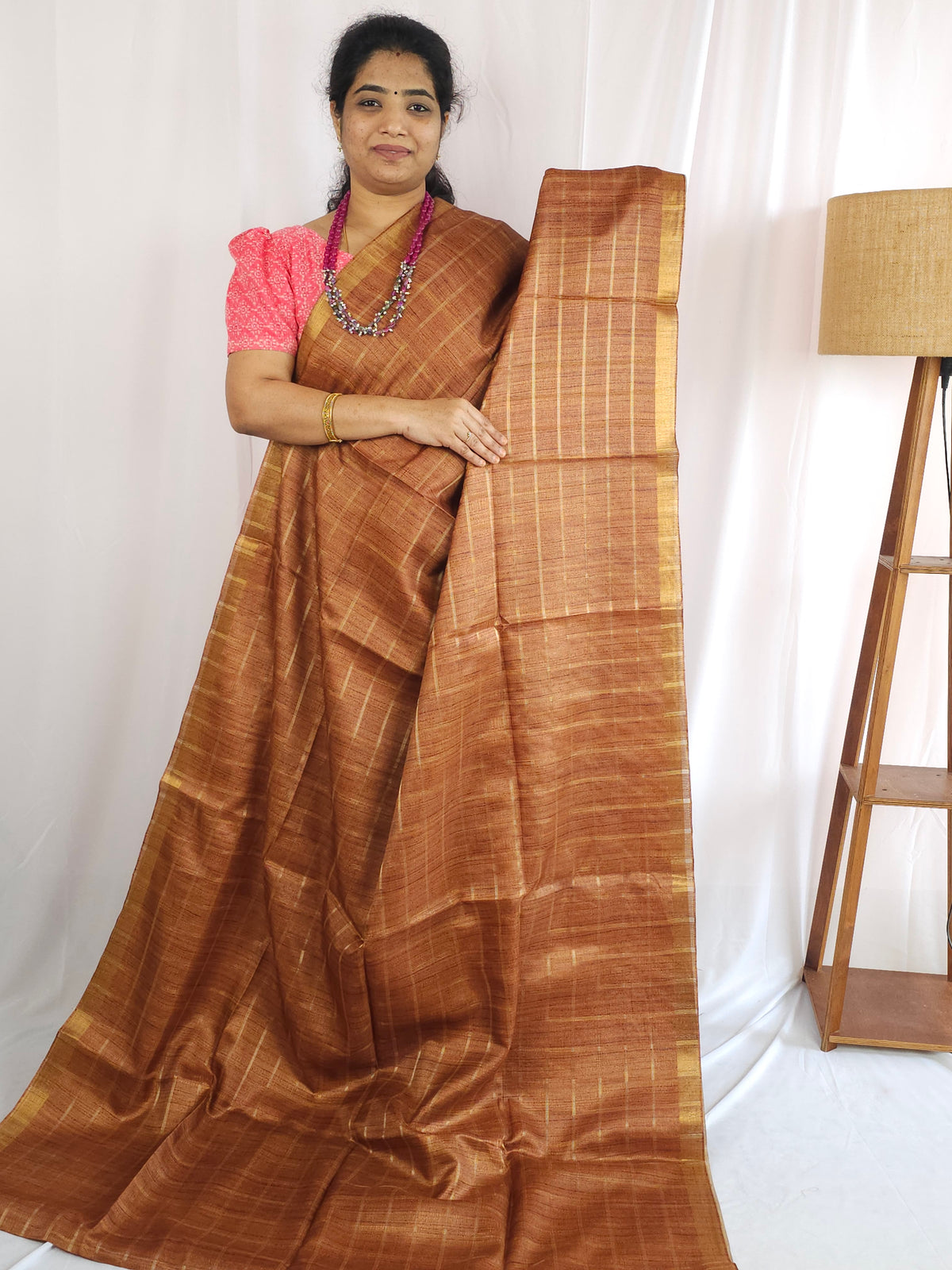 Soft Semi Tussar Checks Weaving with Kalamkari - Dark Honey Brown
