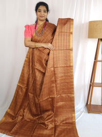 Soft Semi Tussar Checks Weaving with Kalamkari - Dark Honey Brown