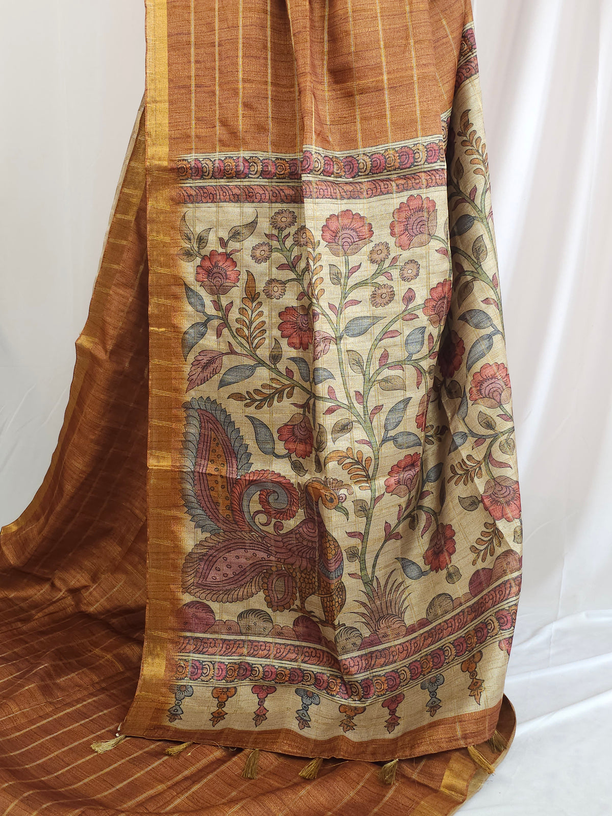 Soft Semi Tussar Checks Weaving with Kalamkari - Dark Honey Brown