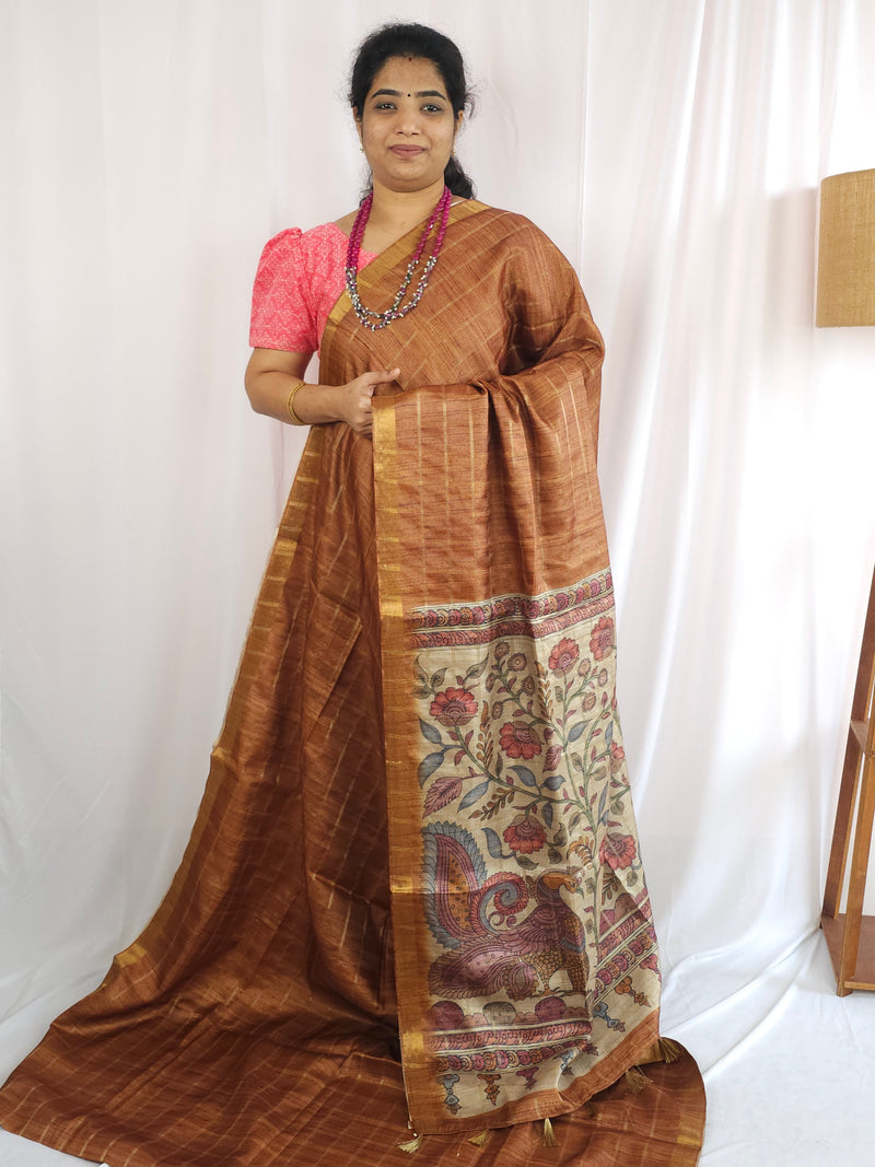 Soft Semi Tussar Checks Weaving with Kalamkari - Dark Honey Brown