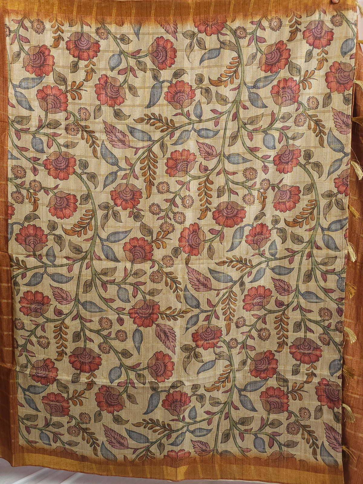 Soft Semi Tussar Checks Weaving with Kalamkari - Dark Honey Brown