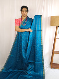 Soft Semi Tussar Checks Weaving with Kalamkari - Blue
