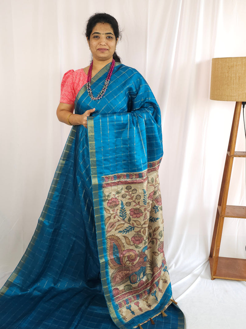 Soft Semi Tussar Checks Weaving with Kalamkari - Blue