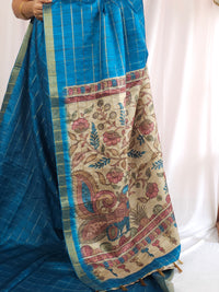 Soft Semi Tussar Checks Weaving with Kalamkari - Blue