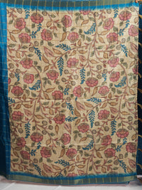 Soft Semi Tussar Checks Weaving with Kalamkari - Blue