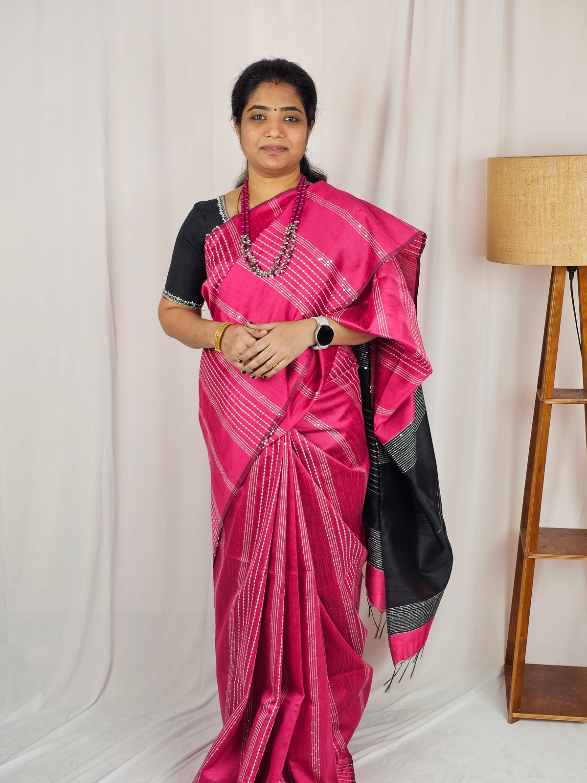 Semi Raw Silk Saree - Pink with Black