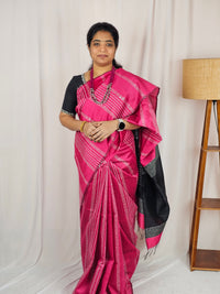 Semi Raw Silk Saree - Pink with Black
