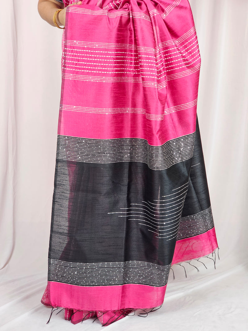 Semi Raw Silk Saree - Pink with Black