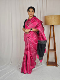 Semi Raw Silk Saree - Pink with Black