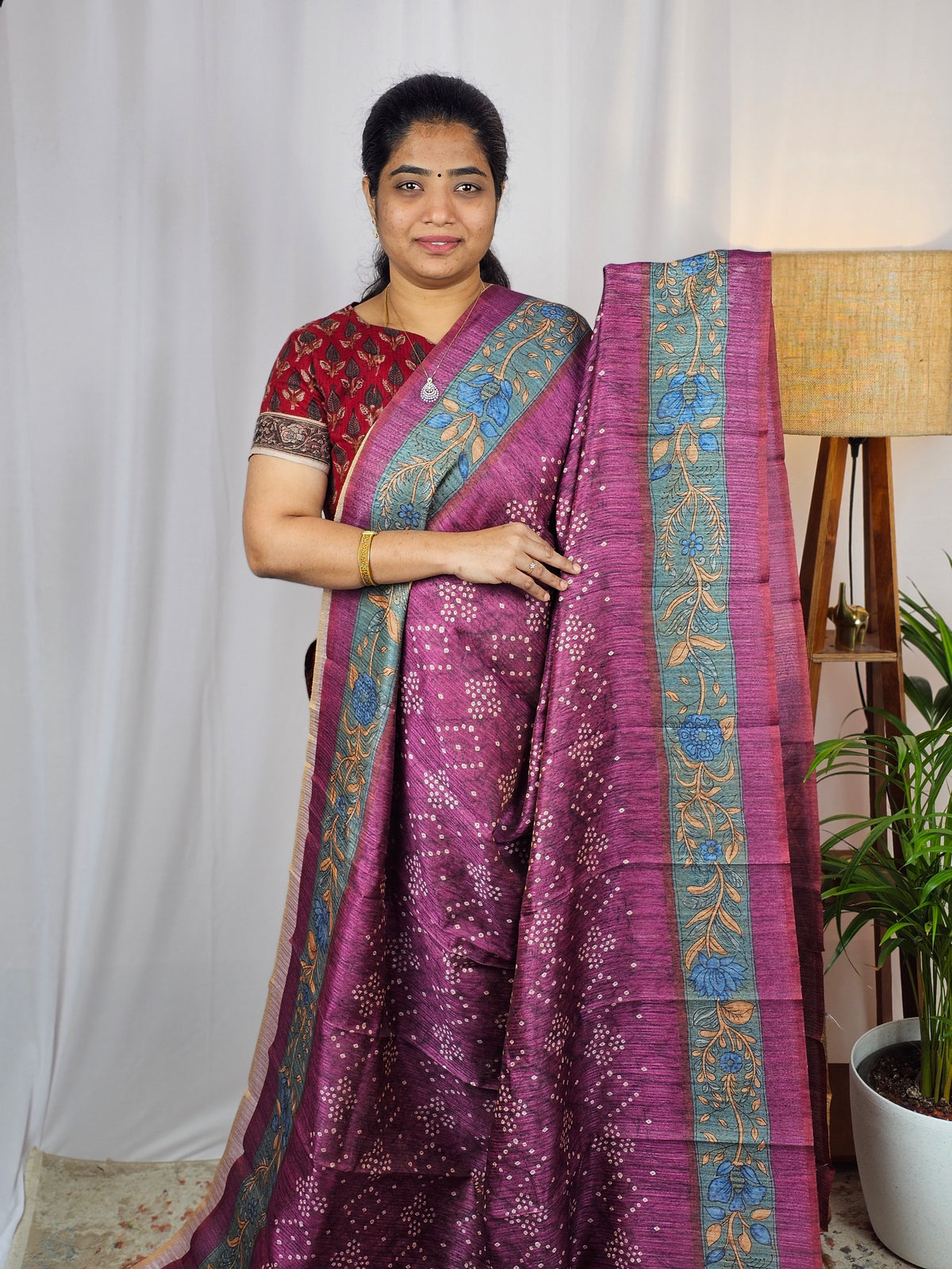 Soft Semi Tussar with Digital Prints - Wine