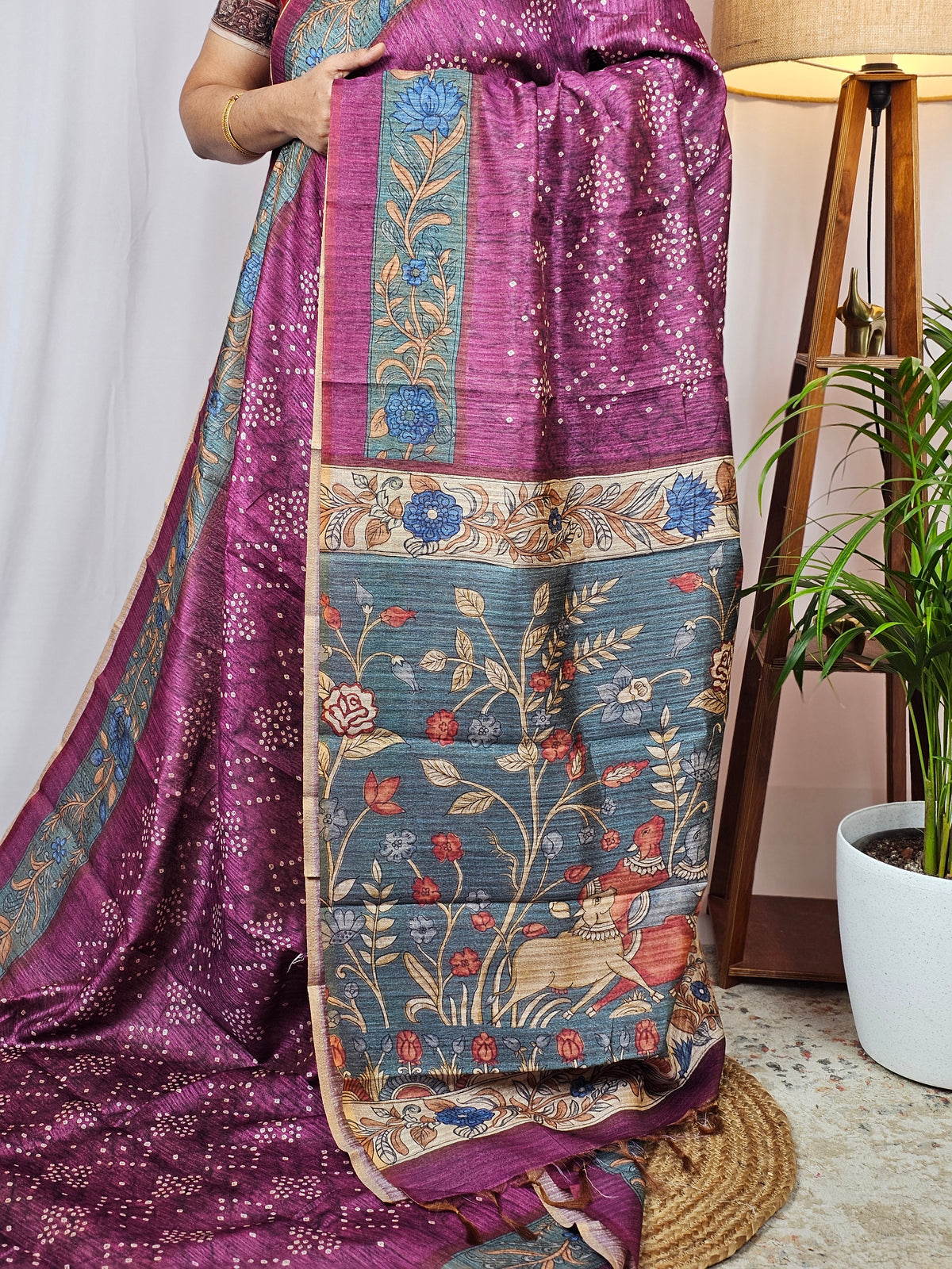 Soft Semi Tussar with Digital Prints - Wine