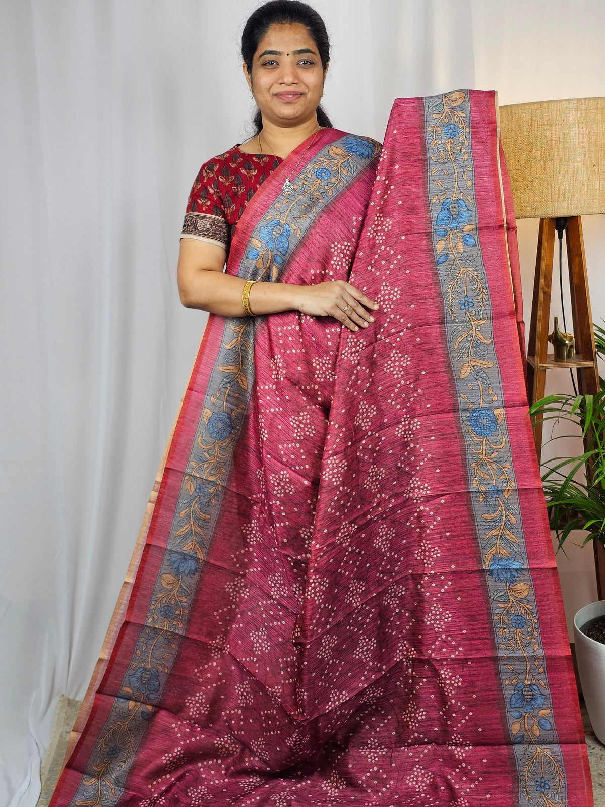 Soft Semi Tussar with Digital Prints - Dark Pink