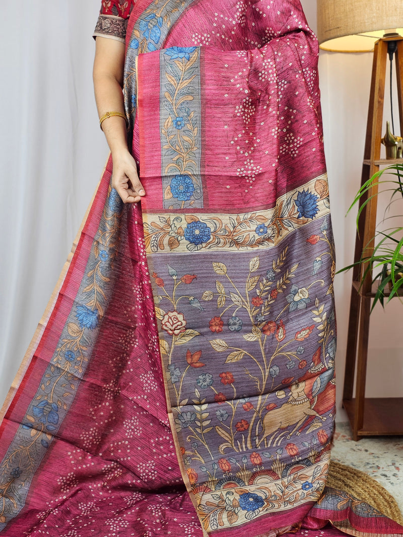 Soft Semi Tussar with Digital Prints - Dark Pink