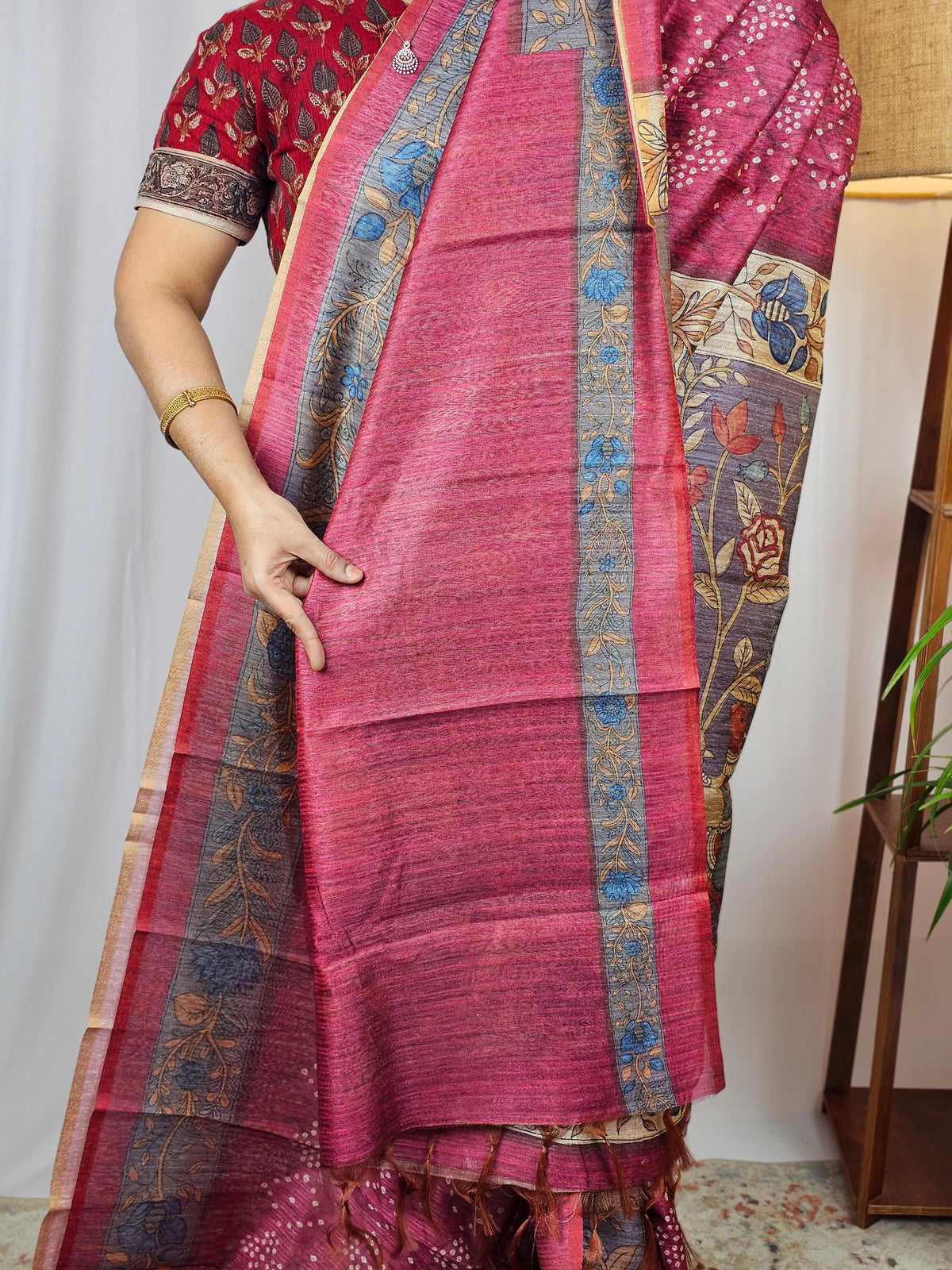 Soft Semi Tussar with Digital Prints - Dark Pink
