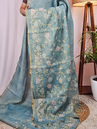 𝐏𝐫𝐞𝐛𝐨𝐨𝐤𝐢𝐧𝐠 𝐀𝐯𝐚𝐢𝐥𝐚𝐛𝐥𝐞 - 𝟐𝟎 𝐃𝐚𝐲𝐬 𝐃𝐢𝐬𝐩𝐚𝐭𝐜𝐡 𝐓𝐢𝐦𝐞 Linen Tissue with Aari Work - Blue