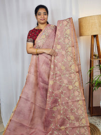 Linen Tissue with Aari Work - Peachish Pink