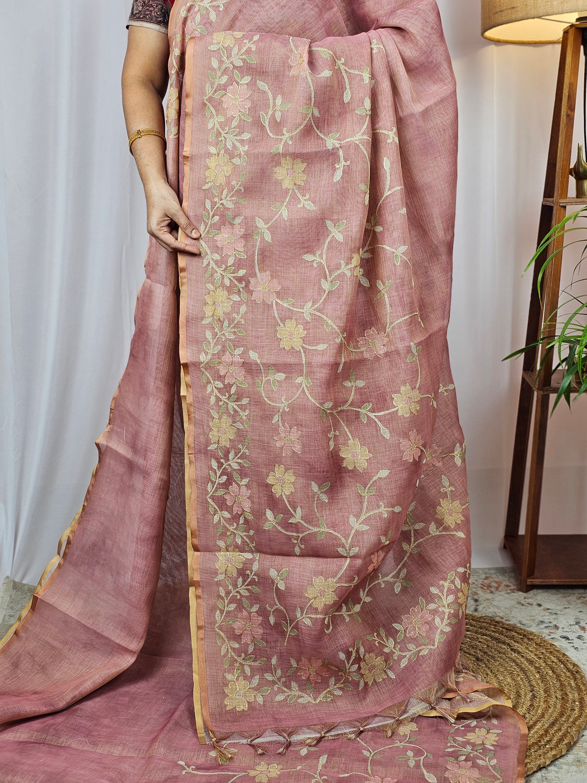 Linen Tissue with Aari Work - Peachish Pink