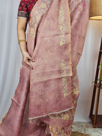 Linen Tissue with Aari Work - Peachish Pink