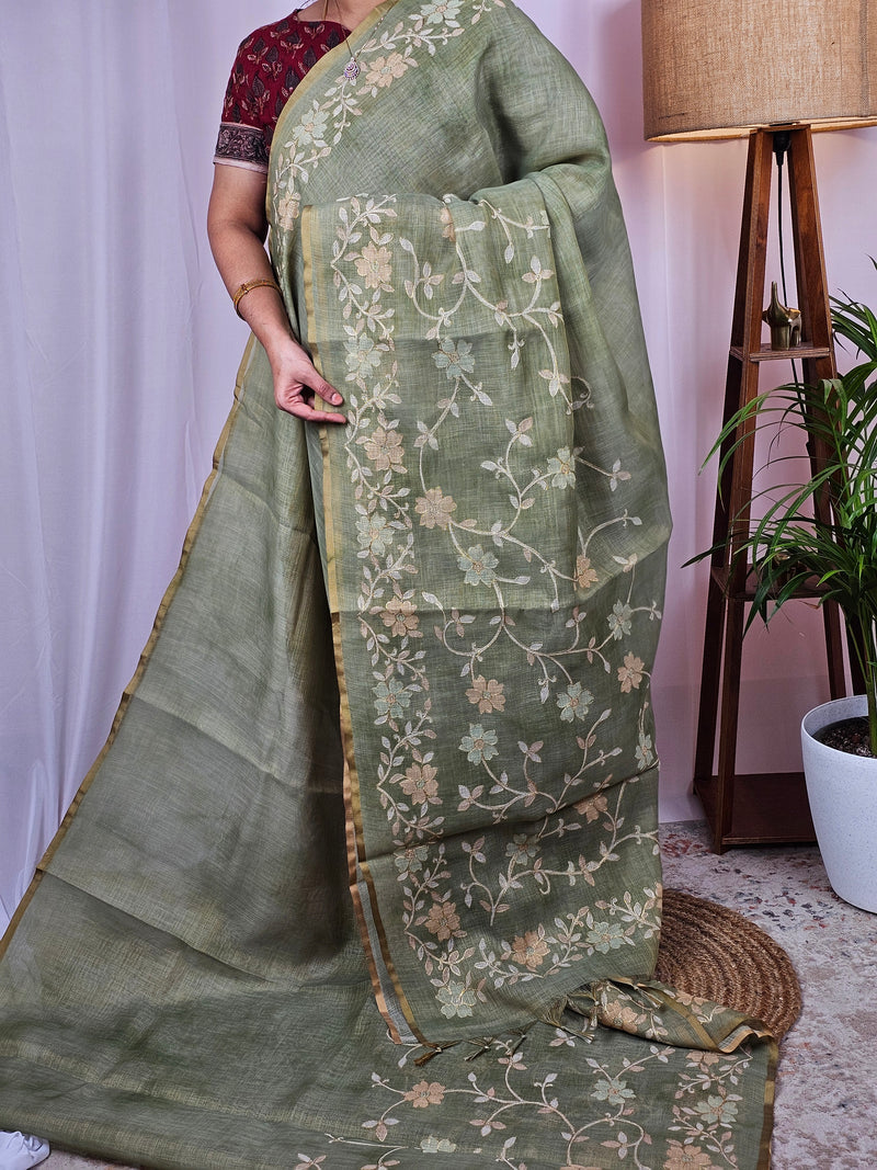 Linen Tissue with Aari Work - Green