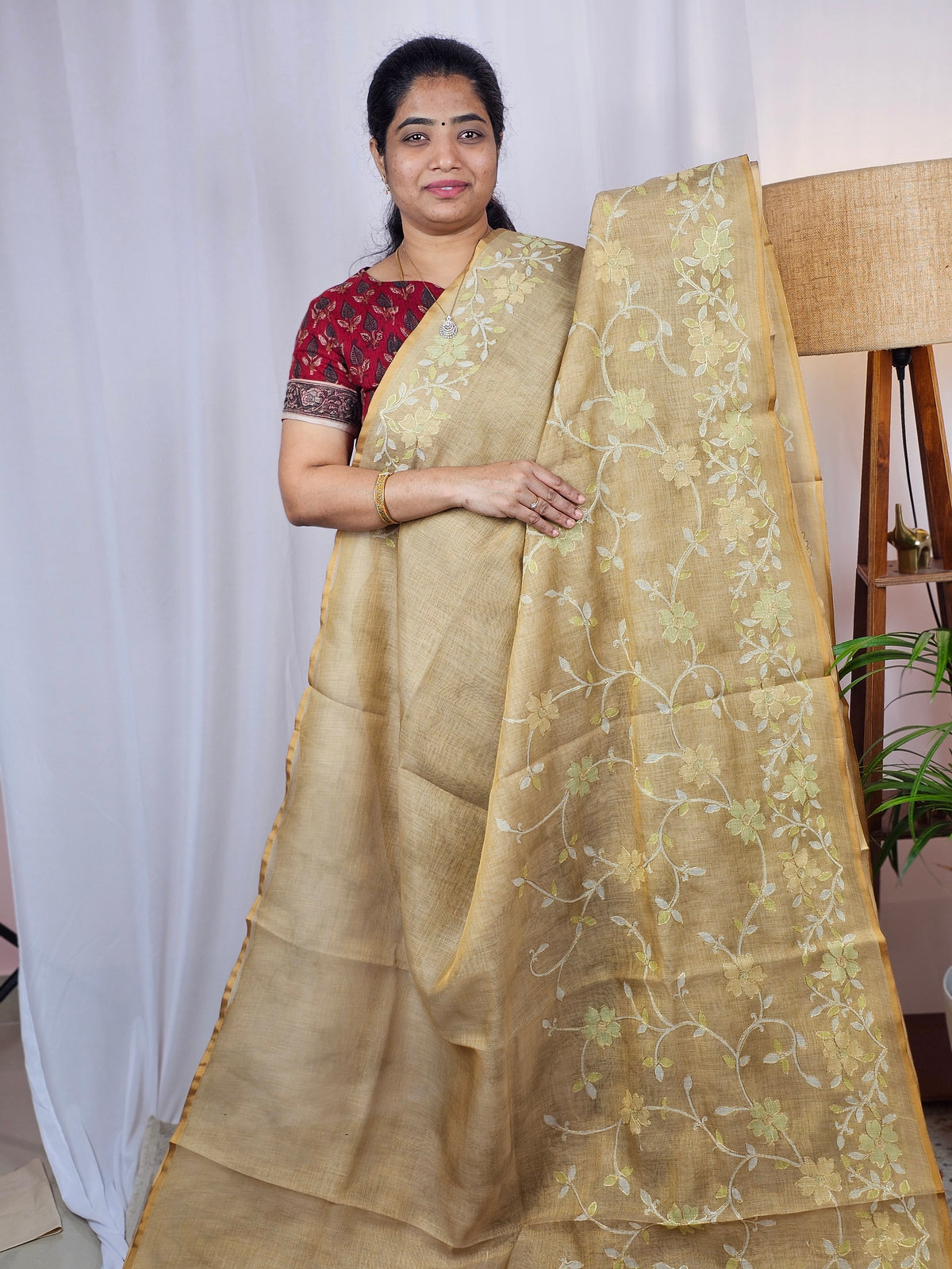 Linen Tissue with Aari Work - Mustard Yellow
