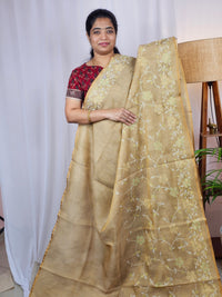Linen Tissue with Aari Work - Mustard Yellow