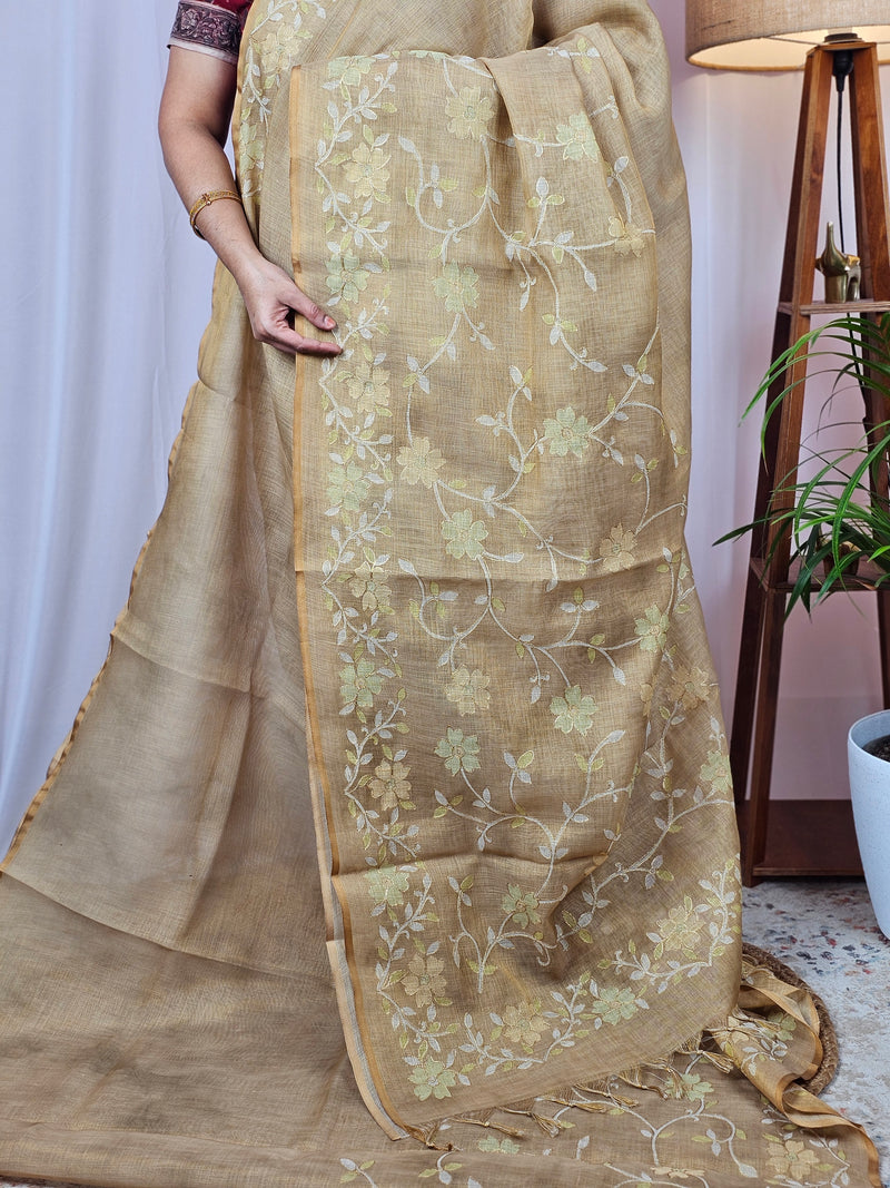 Linen Tissue with Aari Work - Mustard Yellow