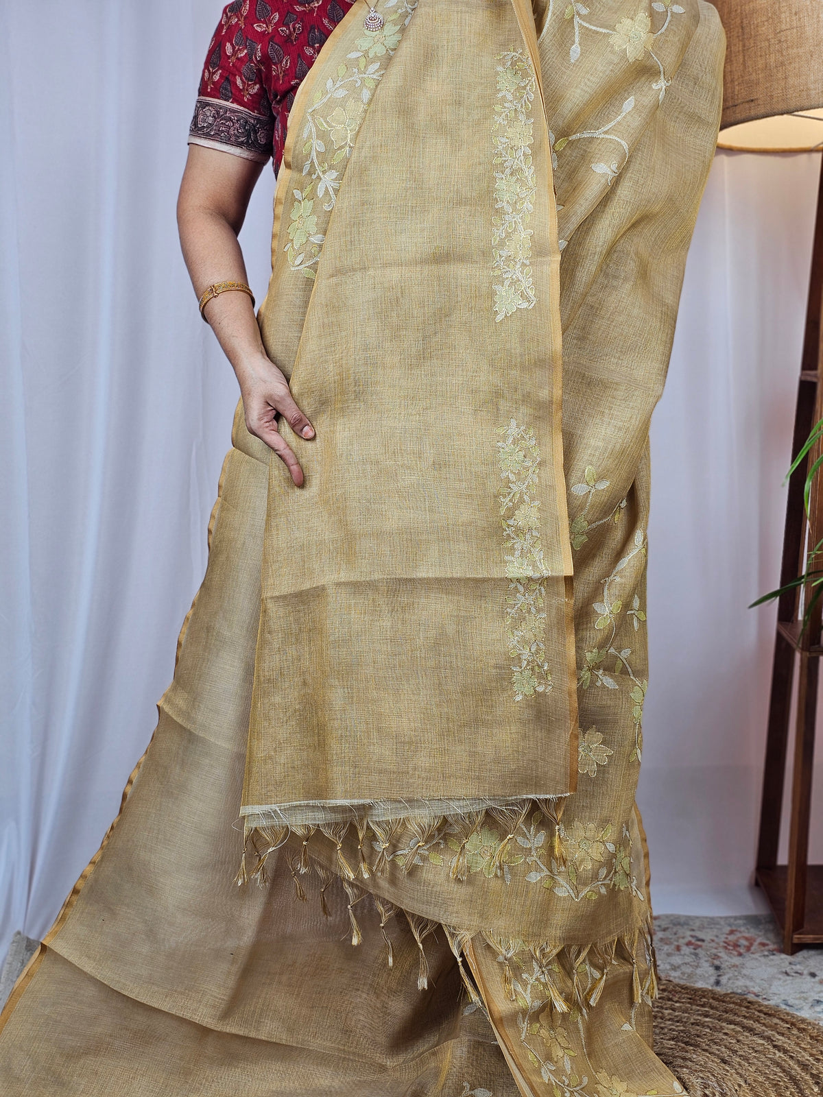 Linen Tissue with Aari Work - Mustard Yellow