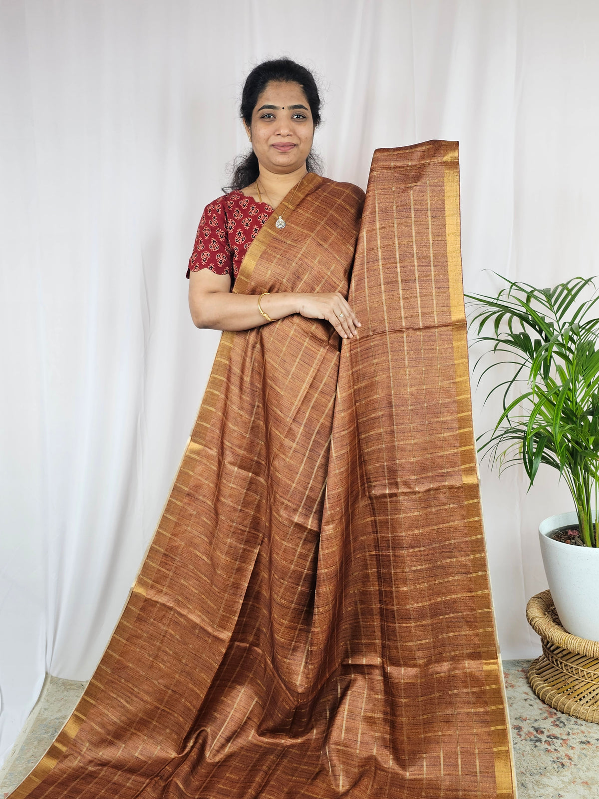 Soft Semi Tussar Checks Weaving with Kalamkari - Honey Brown